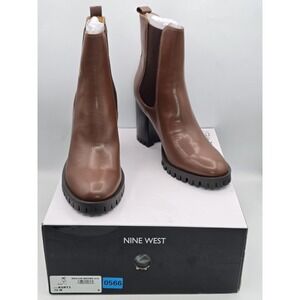 Nine West Kort Lug Sole Chelsea Boots 10 Brown Ankle Booties Heel Leather NEW